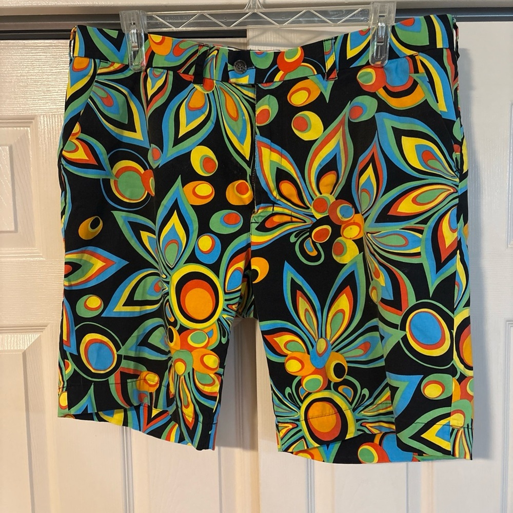 Loudmouth Golf Black and Blue Flat Front Shorts with Bold Design